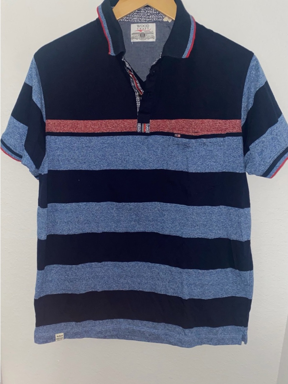 Men's Navy & Light Blue Striped Polo with Red Trim‎